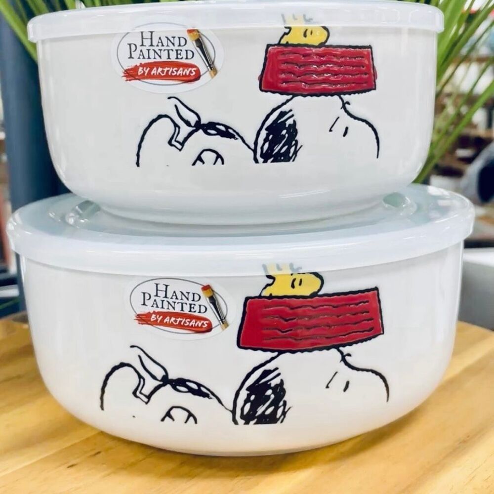 NWT Peanuts Snoopy Woodstock White Red Ceramic 2 Pc Food containers w/ Lids Set - Picture 7 of 16